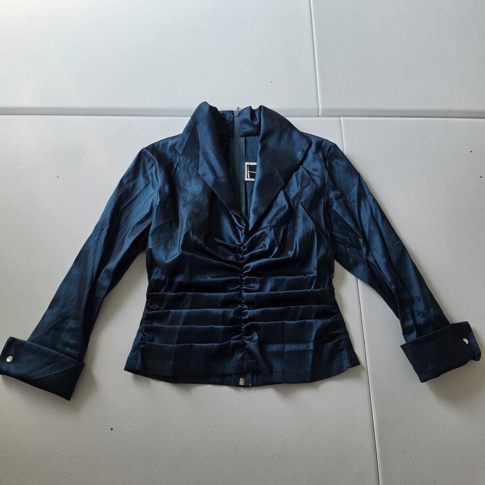 Tadashi Blouse Womens Medium Blue Taffeta Ruched Collared Long Sleeve Party Top